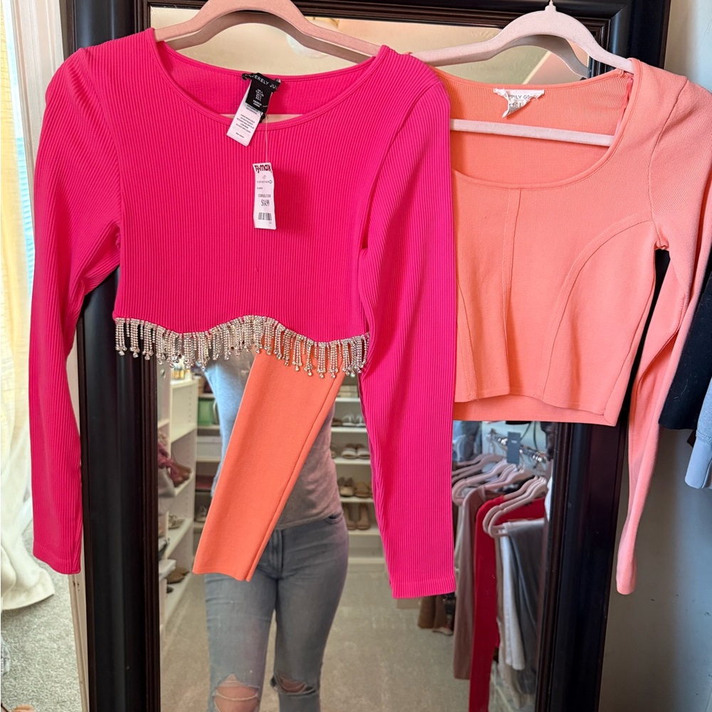 NWT Sincerely Jules Pink Crop Top with Jewel Fringe and Orange Corset Medium